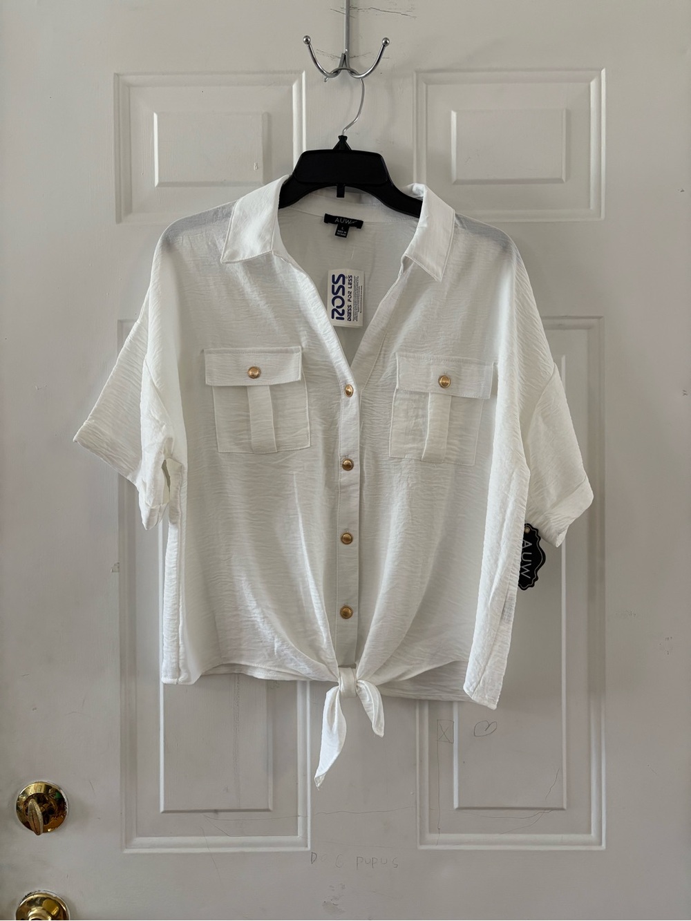 AUW White Tie-Front Button-Up Shirt with Gold Buttons. Size L